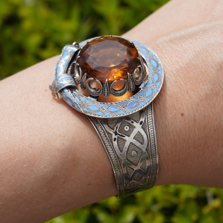 Antique Victorian Mackay Scottish Silver Blue Enamel Citrine Hinged Bracelet