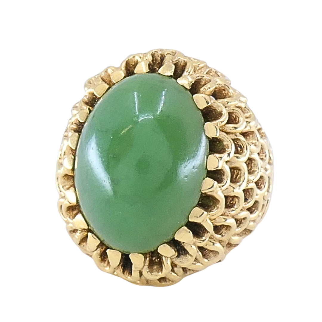 Vintage 14k Gold Green Jade Cabochon Cocktail Ring, Ornate Openwork Mounting