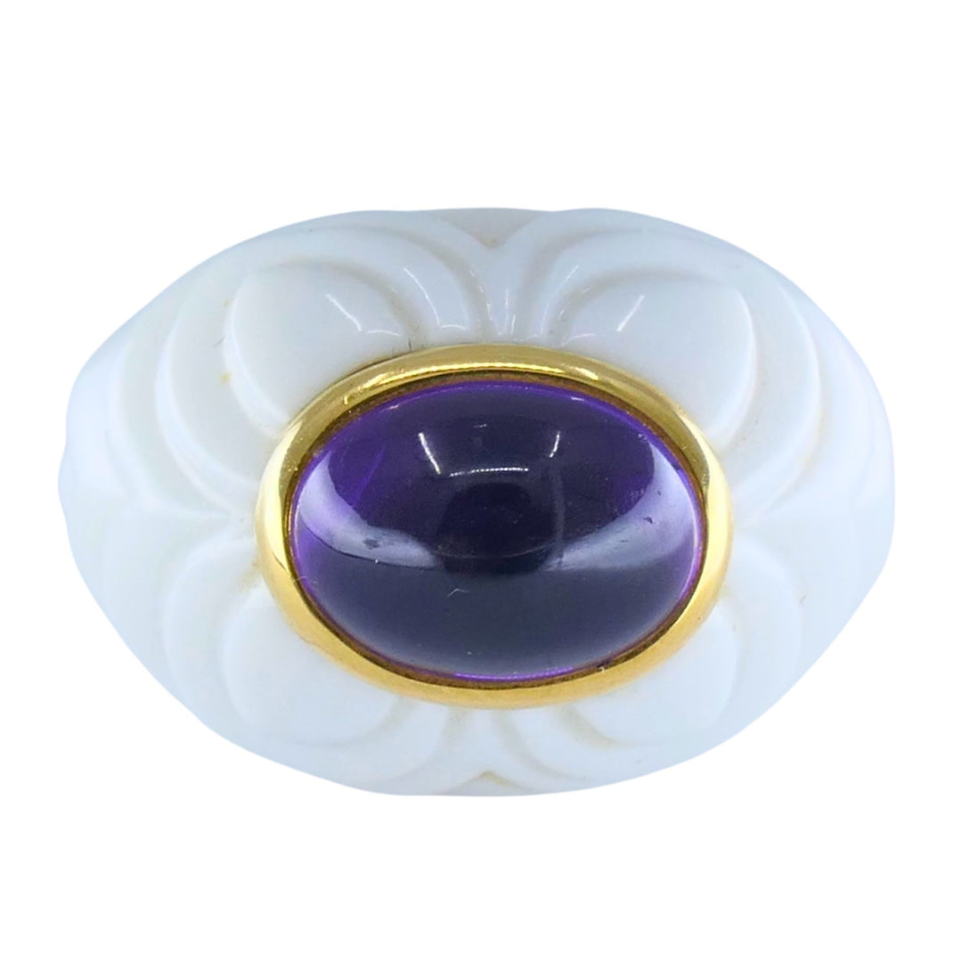 BVLGARI Bulgari Chandra Ring 18k Gold Amethyst Porcelain 1990s Ring Size 4