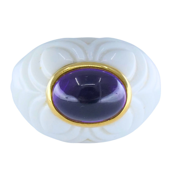 BVLGARI Bulgari Chandra Ring 18k Gold Amethyst Porcelain 1990s Ring Size 4