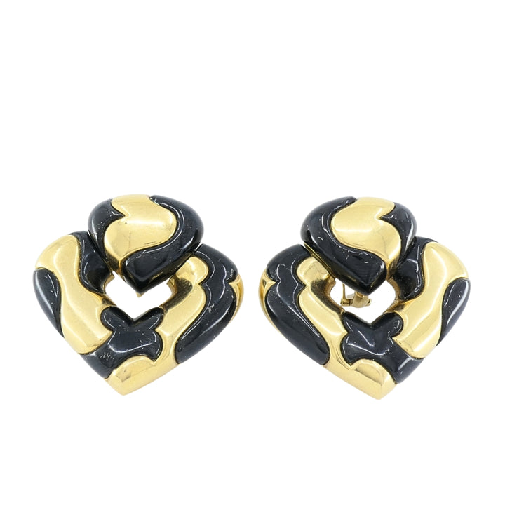 Marina B 18k Gold Black Enamel Heart Earrings Vintage Italian Designer Clip-Ons