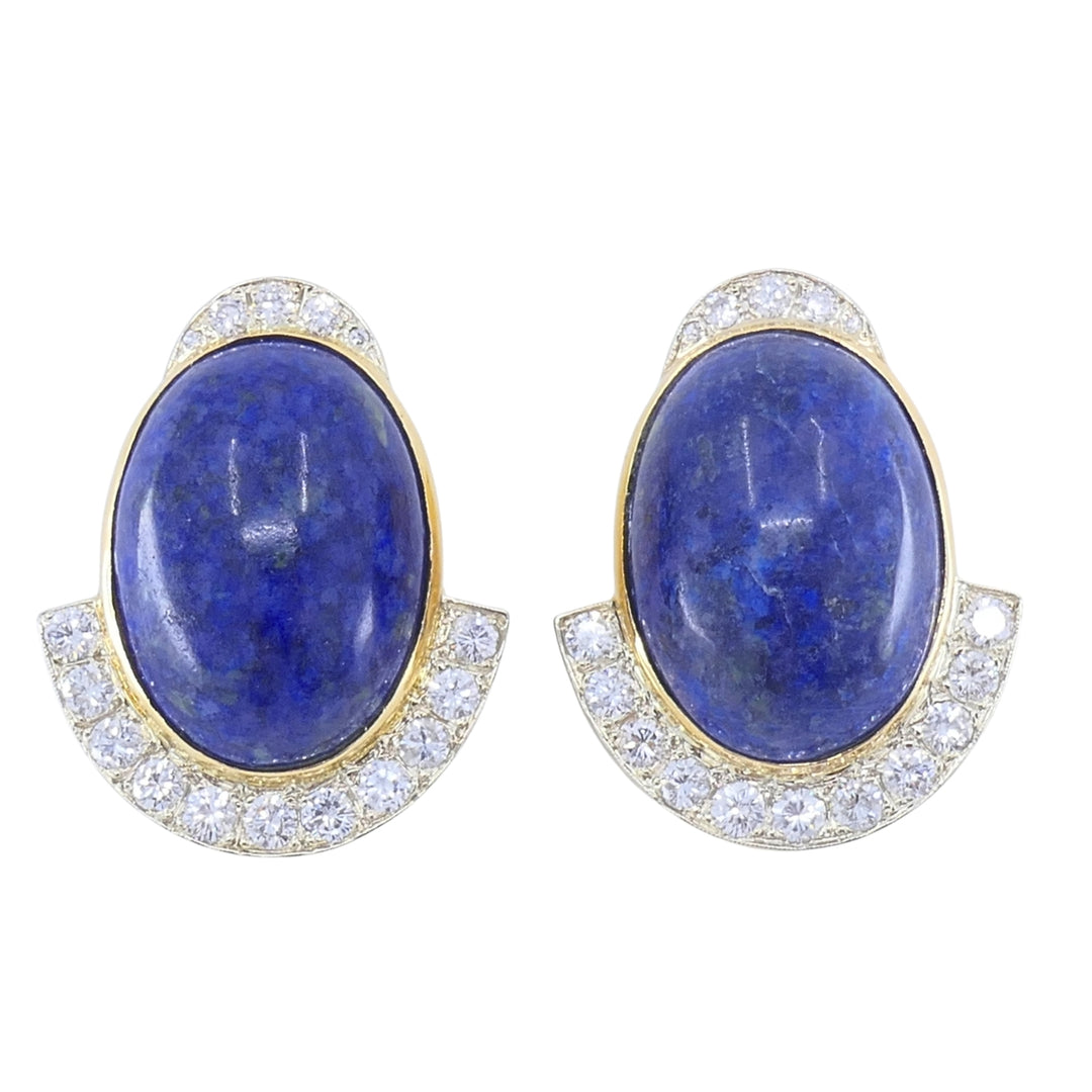 Sterlé Paris 14K Gold Lapis Lazuli Diamond Clip-On Earrings, circa 1960s - 1970s