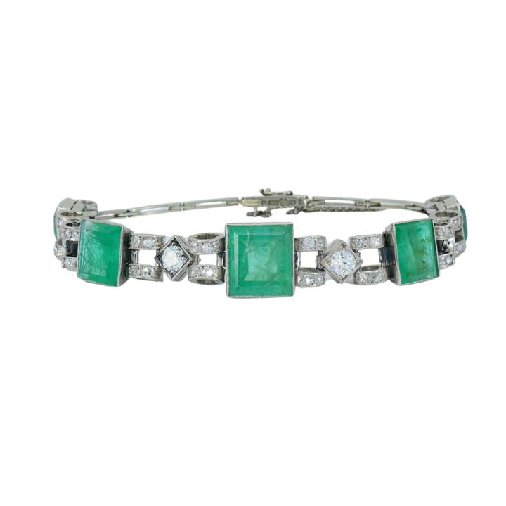 Victorian 18k White Gold Emerald Diamond Bracelet