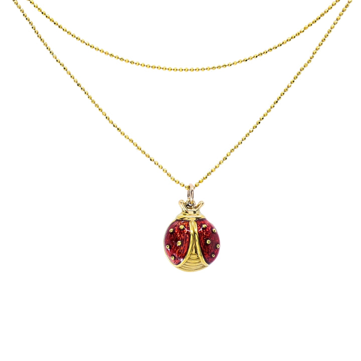 18k Gold Enamel Ladybug Pendant 14k Gold Chain Necklace