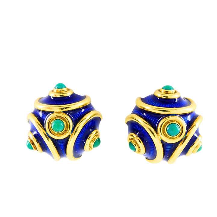 Vintage Tiffany & Co. 18k Gold Blue Enamel Turquoise Clip-On Earrings
