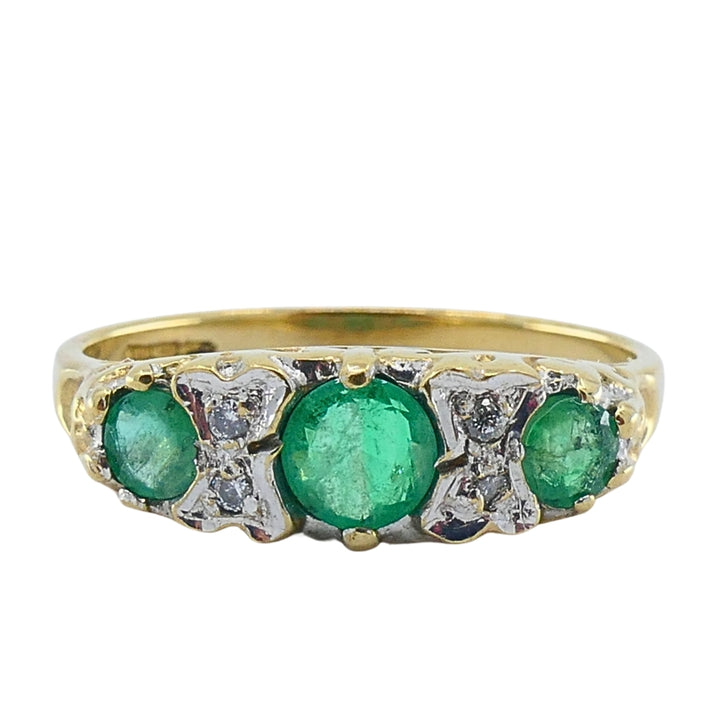 Vintage 9k Gold Emerald Diamond Three-Stone Ring