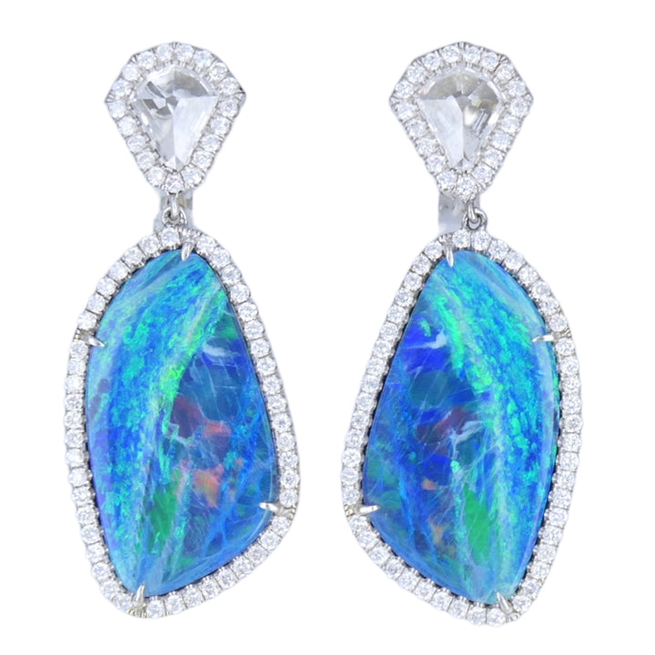 Spectacular Australian Boulder Opal Diamond 18K White Gold Drop Earrings – Electric Blue & Green