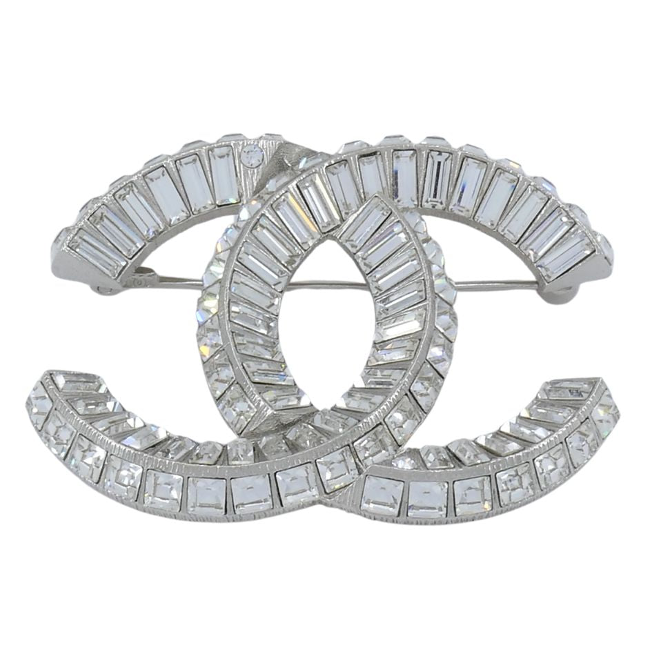 Chanel CC Logo Crystal Silver Pin Brooch