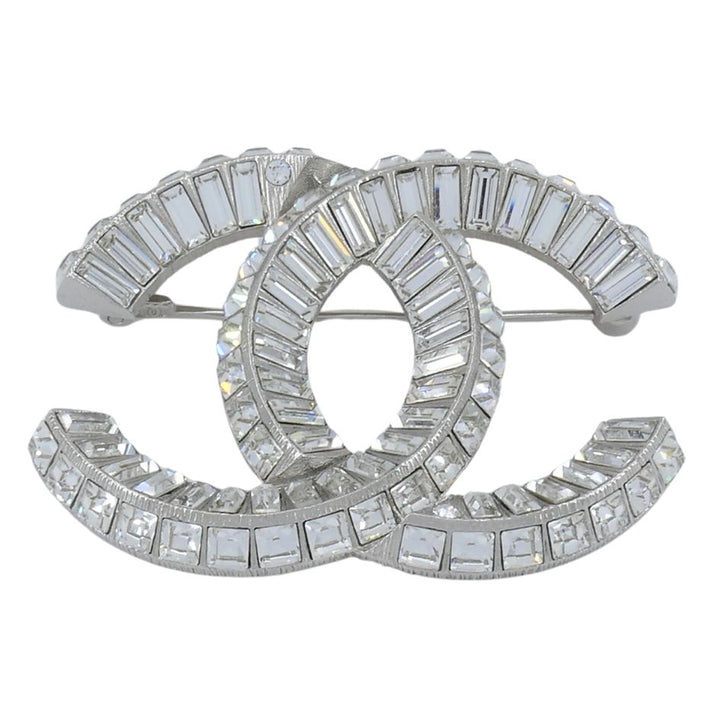 Chanel CC Logo Crystal Silver Pin Brooch