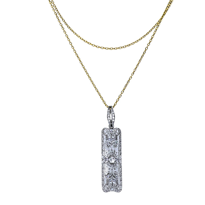 Art Deco Platinum Diamond Filigree Pendant 14k Gold Chain Necklace