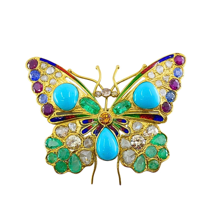 Vintage 18k Gold Multigem Butterfly Brooch Statement Insect Jewelry