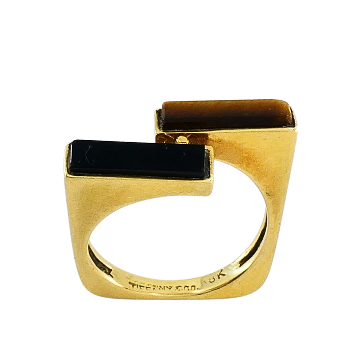 Vintage Tiffany & Co. 18k Gold Onyx Tiger's Eye Modernist Bypass Ring