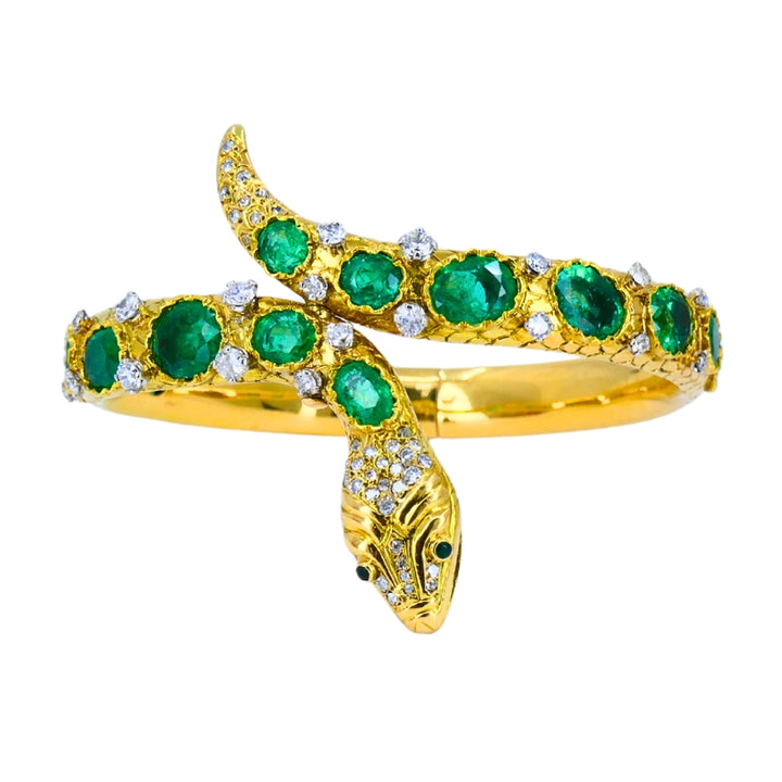Vintage Snake Bangle Bracelet Gold Emerald Diamonds Estate Jewelry