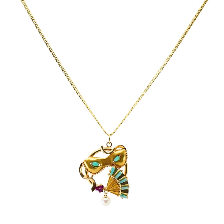 Vintage 14k Gold Masquerade Pendant 18k Gold Chain Necklace