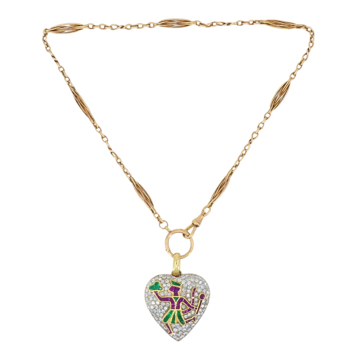 Vintage Heart Pendant Diamond Platinum Indian Mythology Motif 14k Chain