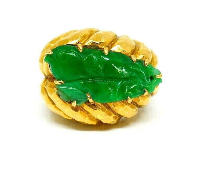 David Webb Yellow Hammered Gold Carved Jade Ring