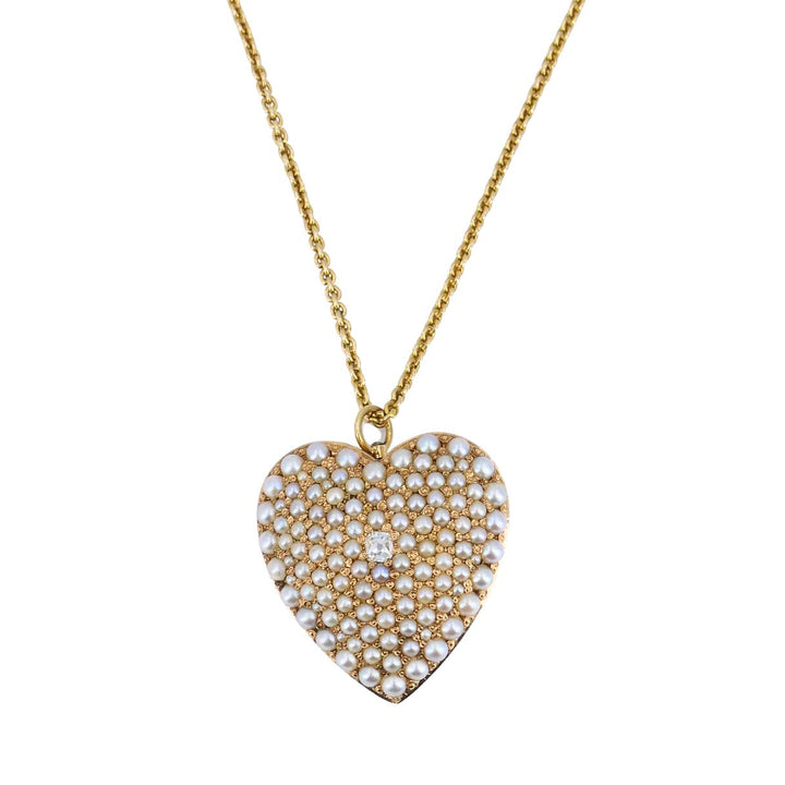 Vintage 14k Gold Diamond Pearl Heart Pendant Necklace
