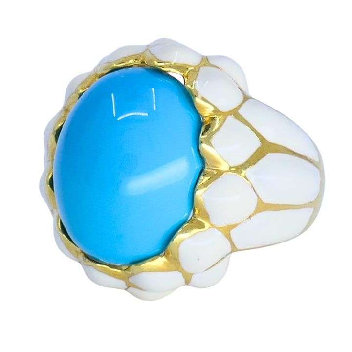 David Webb Ring 18k Gold White Enamel Turquoise Cocktail Ring