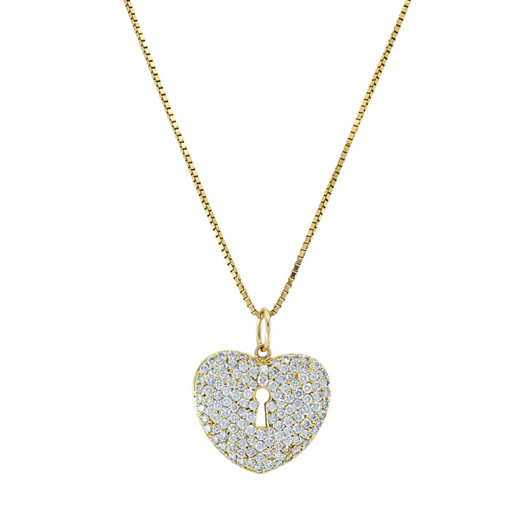 Vintage 18k Gold Pavé Diamond Heart Lock Pendant Necklace 14k Box Chain