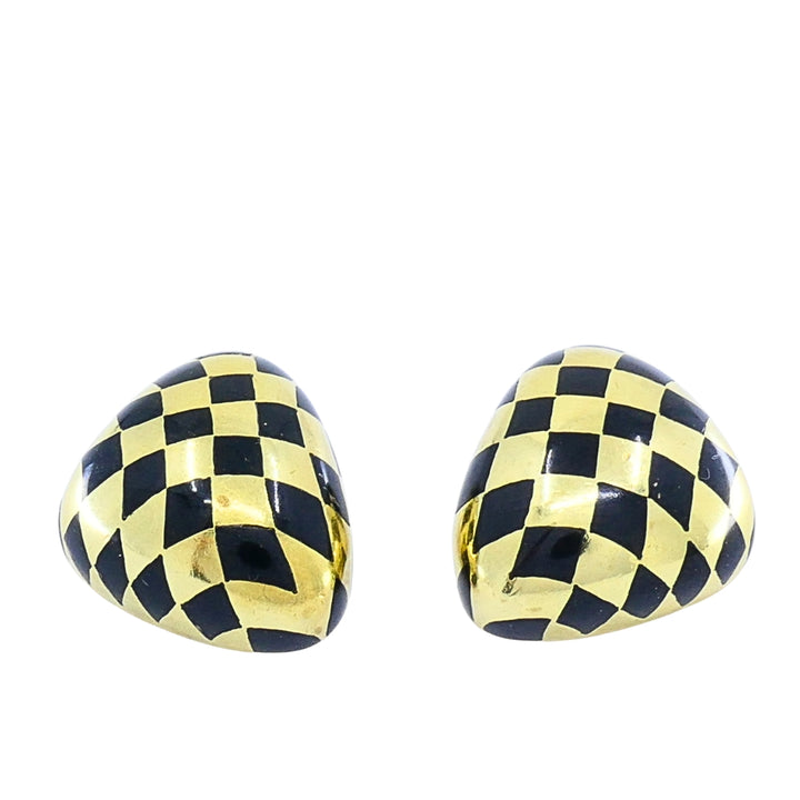 Tiffany & Co. 18k Gold Black Inlay Checkerboard Clip-On Earrings