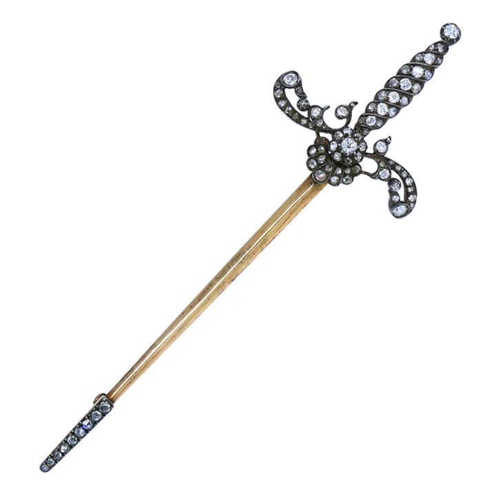 Antique 14k gold Silver Diamond Sword Brooch, circa 1900