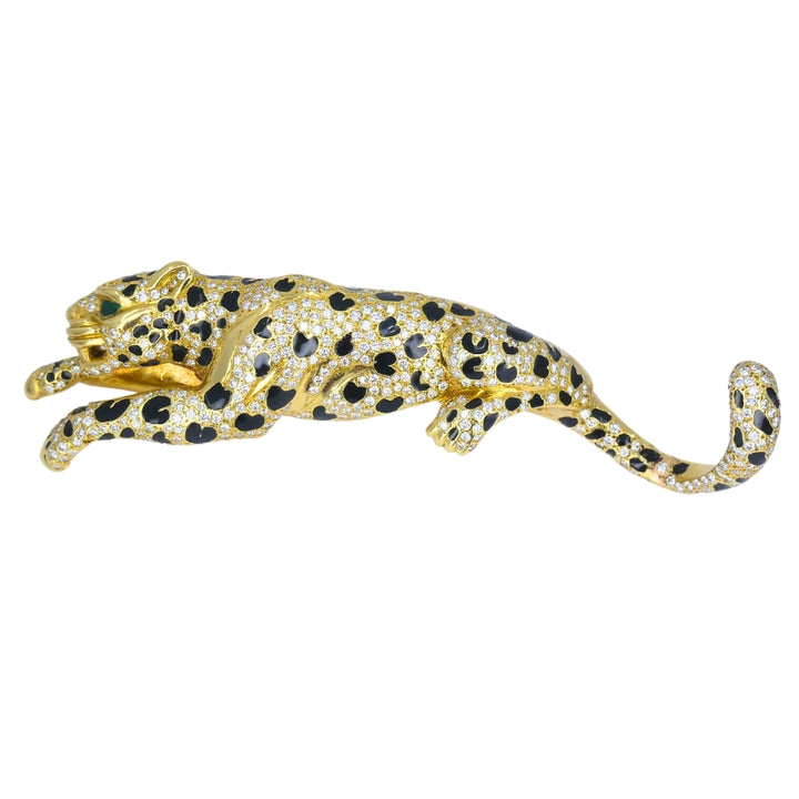 Vintage Panther Enamel Brooch 18k Gold Diamond Emerald