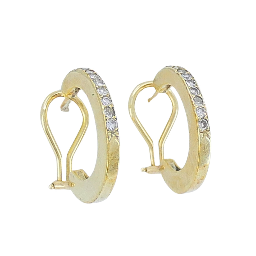 Vintage 14k  Gold Diamond Hoop Earrings with Flat Profile