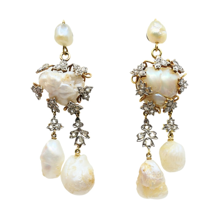 Vintage 14k Gold Baroque Pearl Diamond Dangle Earrings