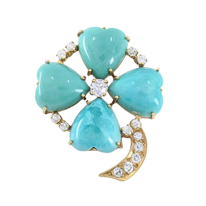 Vintage 14k Gold Turquoise Heart Clover Pendant with Diamonds