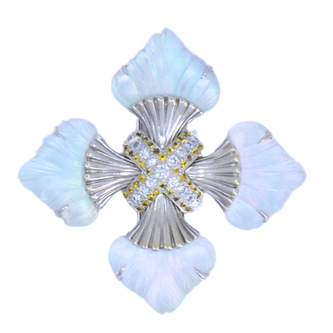 Seaman Schepps 18k Gold Diamond Maltese Cross Brooch Carved Rock Crystal Sapphire