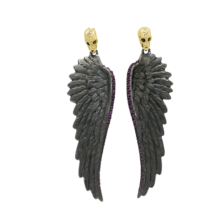 Theodoros 18k Gold & Sterling Silver Ruby Wing Skull Earrings