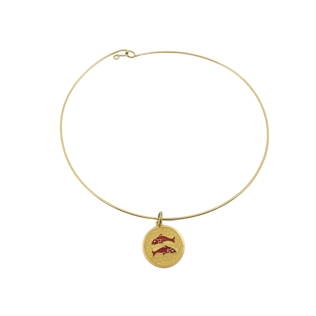Vintage 18k Gold Red Enamel Necklace Pisces Pendant Zodiac Medallion