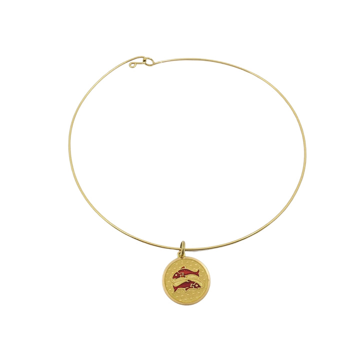 Vintage 18k Gold Red Enamel Necklace Pisces Pendant Zodiac Medallion