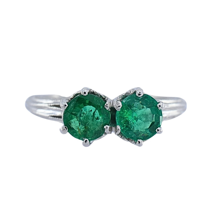 Vintage Platinum Toi et Moi Emerald Ring