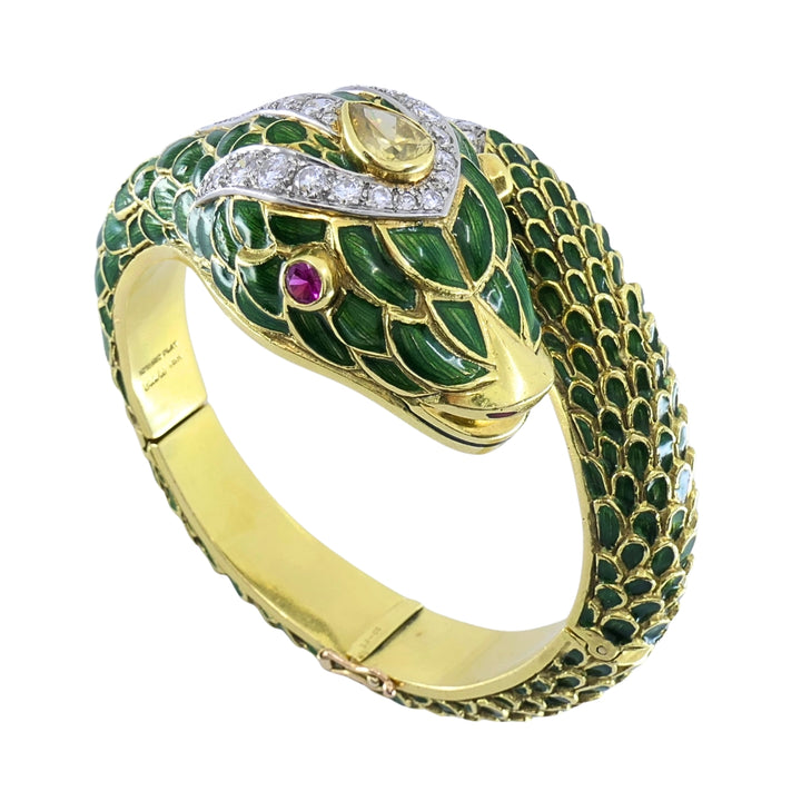 Vintage 18k Gold Platinum Snake Bangle Bracelet Diamond Yellow Sapphire Ruby