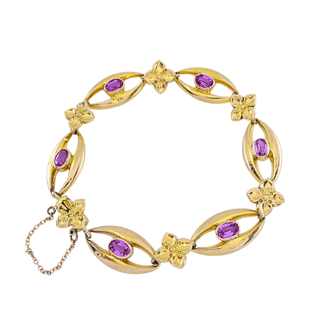 British 9k Yellow Gold Pink Sapphire Link Bracelet