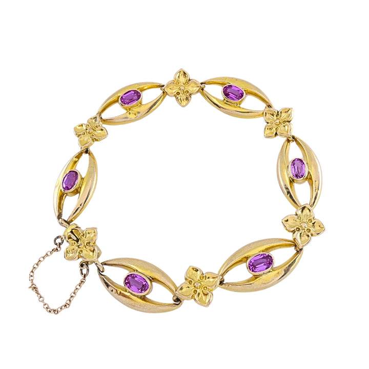 British 9k Yellow Gold Pink Sapphire Link Bracelet