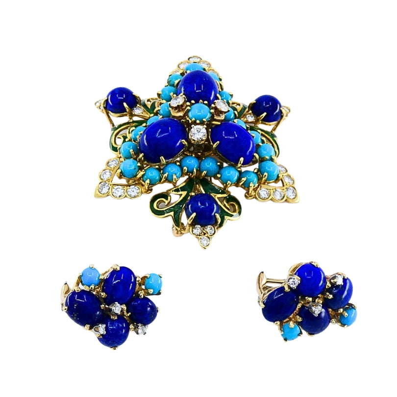 Vintage 14k Gold Lapis Lazuli Turquoise Diamond Brooch & Earrings Set
