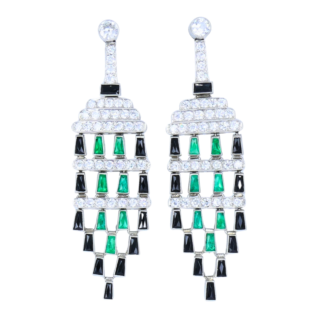 Diamond Emerald Onyx Dangle Earrings Art Deco Revival