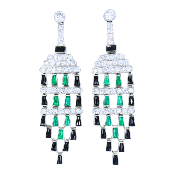 Diamond Emerald Onyx Dangle Earrings Art Deco Revival