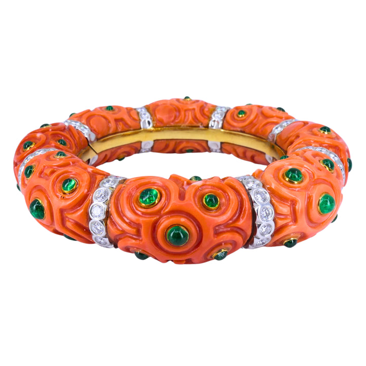 Steven Grotell Platinum and 18k Gold Bracelet Diamond Emerald Carved Coral