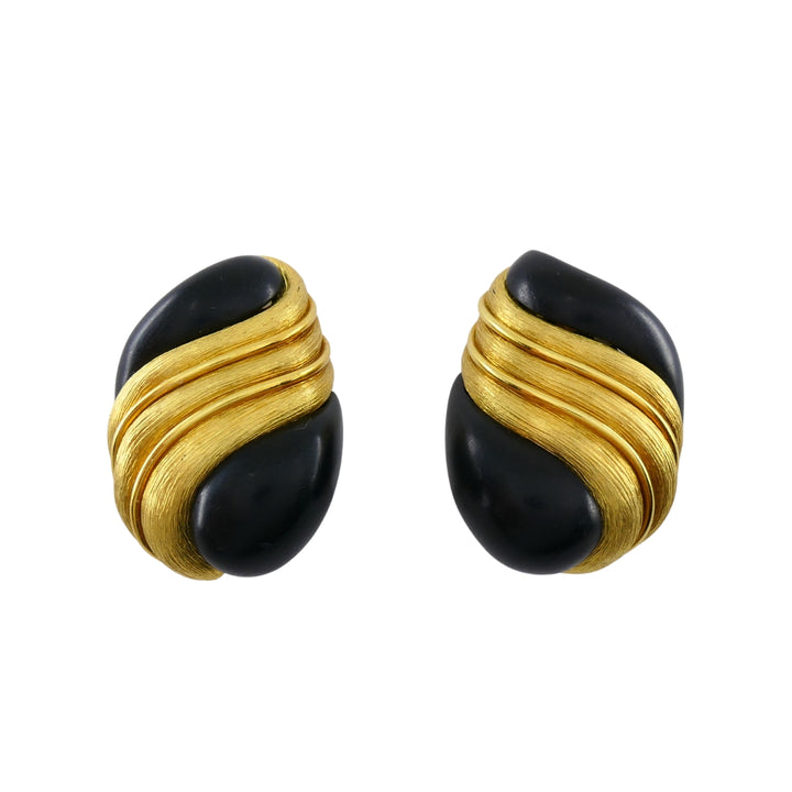 Henry Dunay 18k Gold Ebony Wood Clip-On Earrings, Vintage 1980s