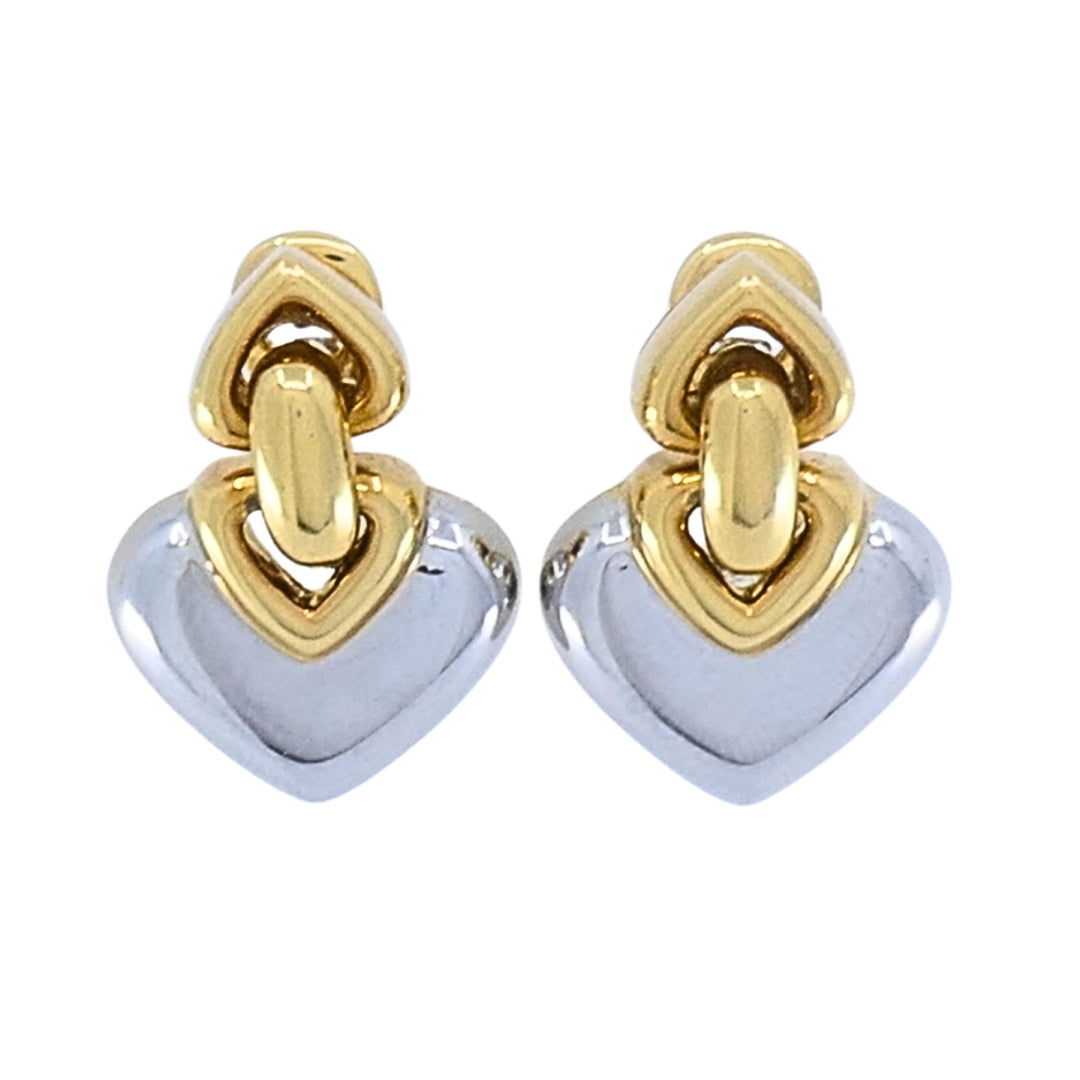 Bvlgari 18k Yellow Gold & Steel Doppio Cuore Heart Drop Bulgari Earrings