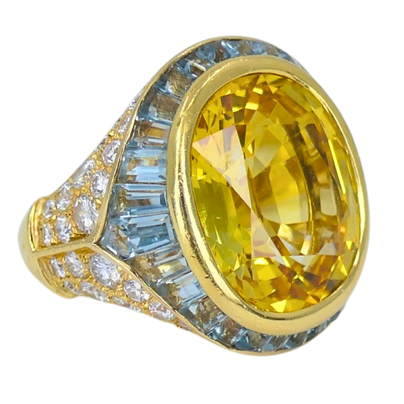 Bvlgari Bulgari Yellow Sapphire Ring Gold Aquamarine Diamond Vintage Jewelry