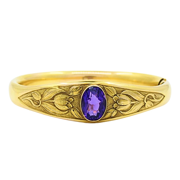 Riker Brothers Art Nouveau 14k Gold Bangle Amethyst Bracelet