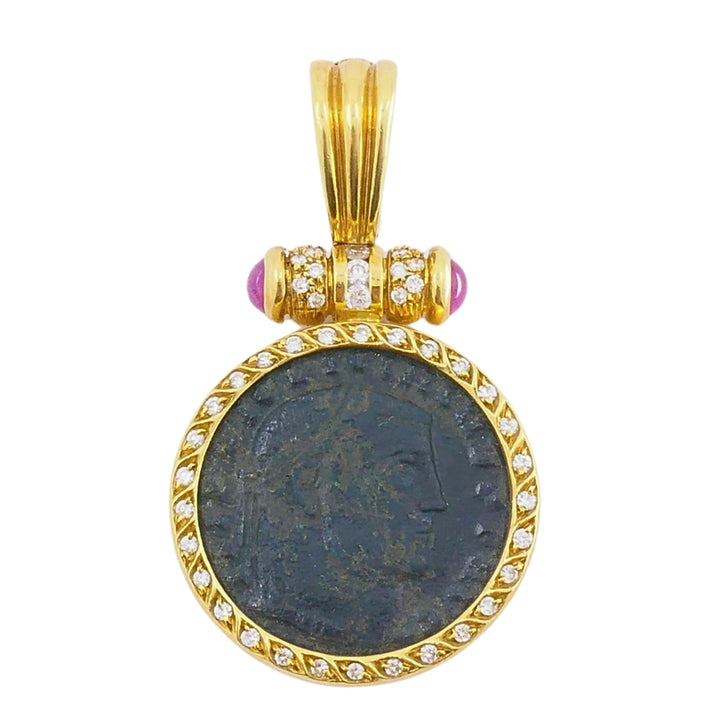 Ancient Coin 18k Gold  Diamond  Ruby Pendant