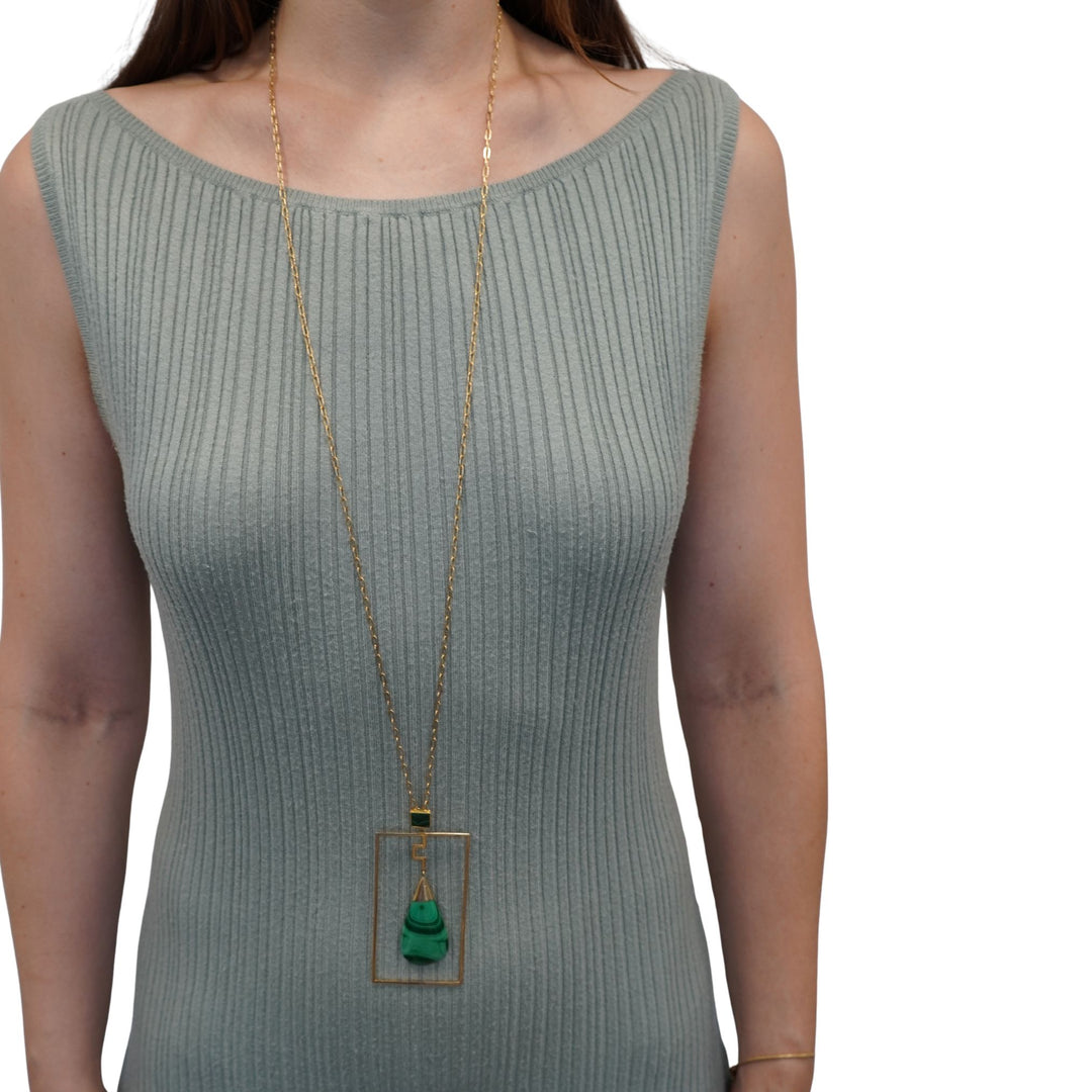 Modernist 10k Gold Malachite Pendant 14k Chain Necklace
