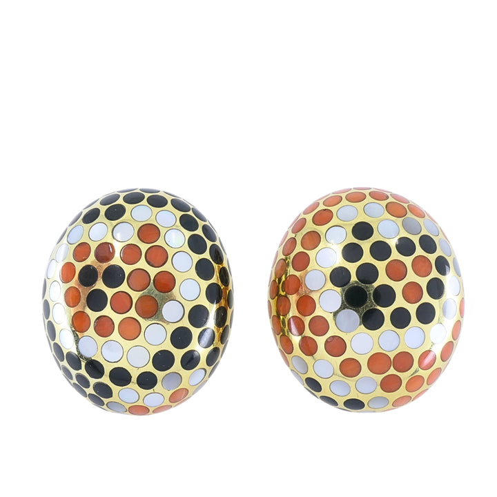 Angela Cummings 18k Gold Mother-of-Pearl Onyx Coral Inlay Dot Dome Earrings
