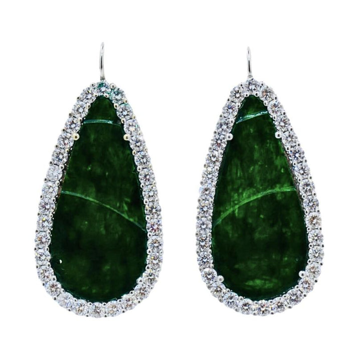 Carved Jadeite Diamond Earrings 18k White Gold