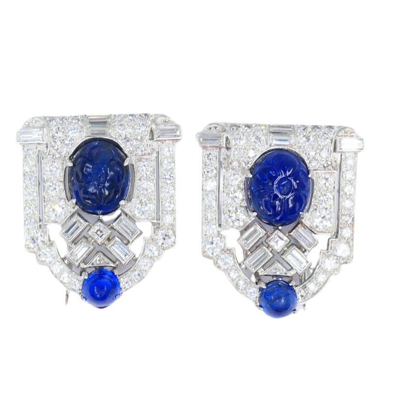 Vintage French Platinum Diamond Clips Carved Sapphire Estate Jewelry
